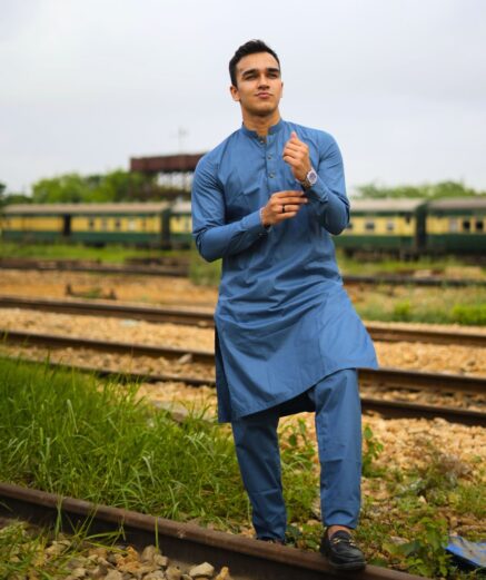 Premium Cotton Satin Kurta Set - Dusty Blue